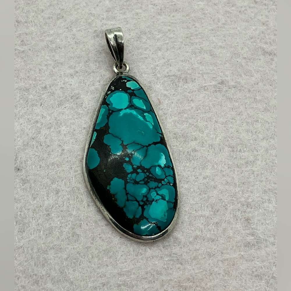 925 Sterling Silver Blue Spiderweb Turquoise Pendant Large Statement Piece